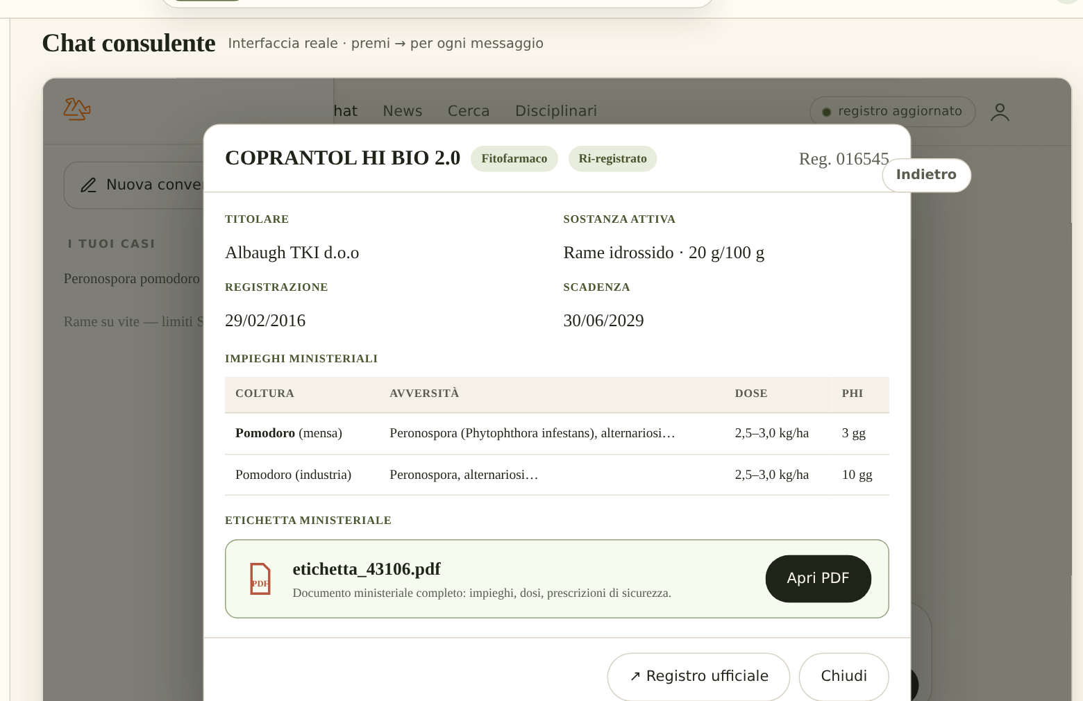 Verdìa — chat consulente con la scheda ministeriale e i dati del registro fitosanitario citati